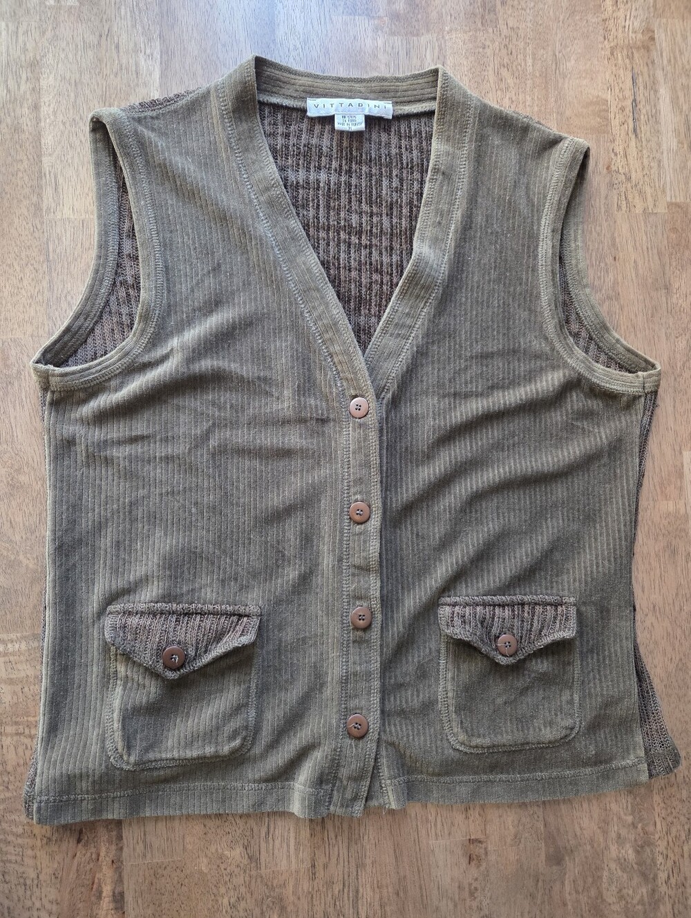 Vittadini Olive Brown Button-Front Ribbed Velour Vest Lightweight Knit Back